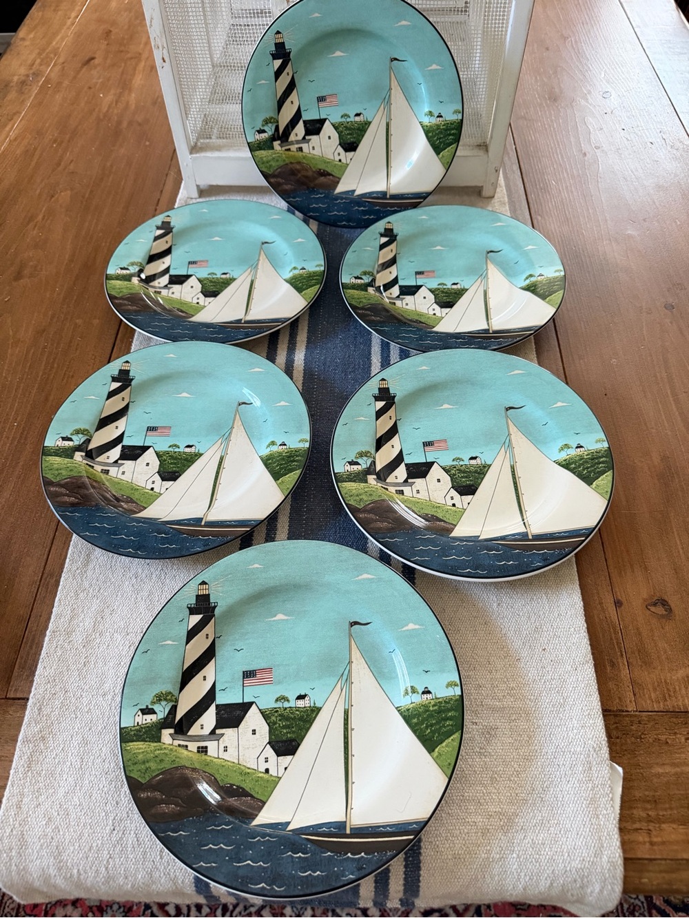 6 Warren Kimble Sakura Coastal Breeze Lighthouse Sailboats Salad Dessert Plates